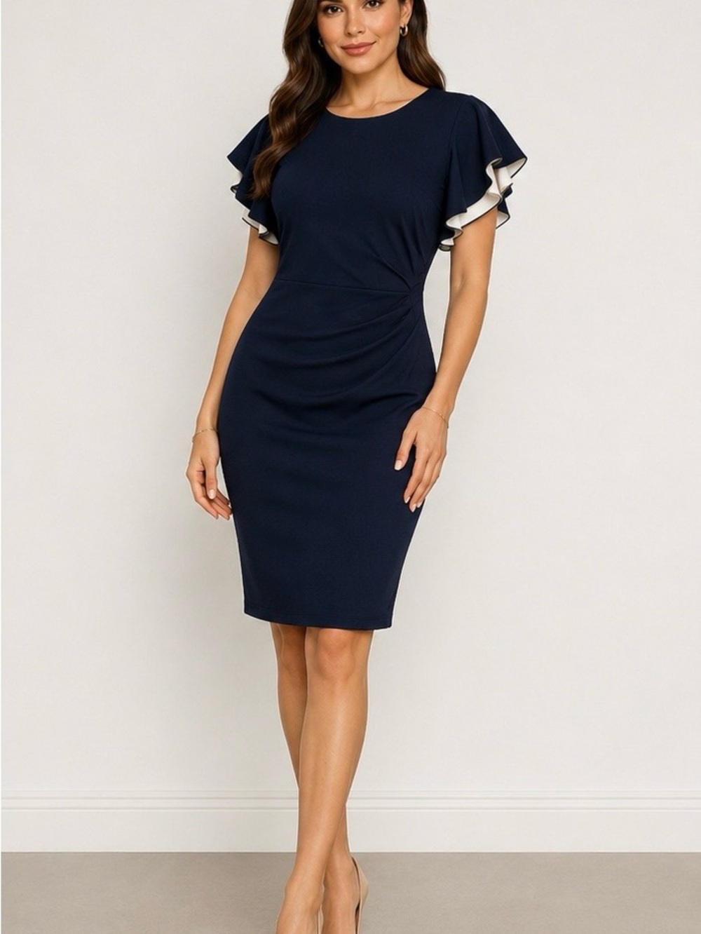 Lauren Ralph Lauren Navy Midi Sheath Dress with White-Trim Flutter Sleeves